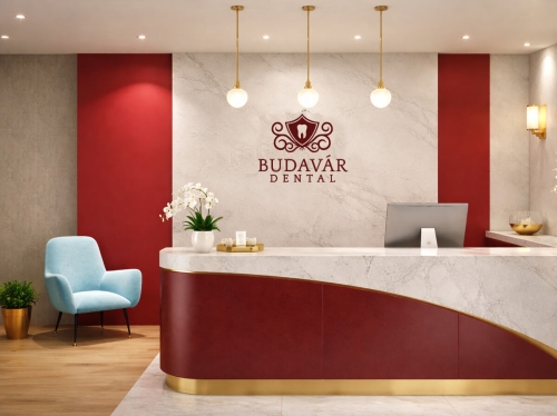 fogászati rendelő recepció belsőépítészeti arculattal