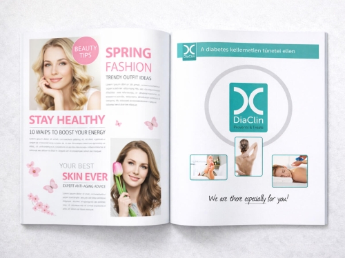 DiaClin magazinhirdetés grafikatervezés – nyomdai kiadványtervezés egészségügyi márkaarculattal