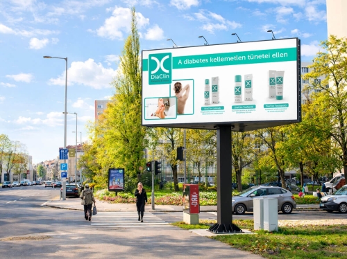 DiaClin kültéri óriásplakát grafikatervezés – egészségügyi márka reklámkampány megjelenés