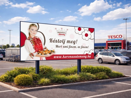 Nógrádi Korona Sütemény arculattervezés – logótervezés és outdoor plakát design Tesco parkolóban