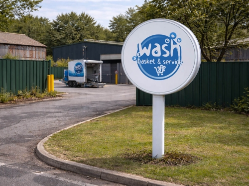 Wash Basket Service céges arculattervezés kör alakú totem táblán telephely bejáratánál