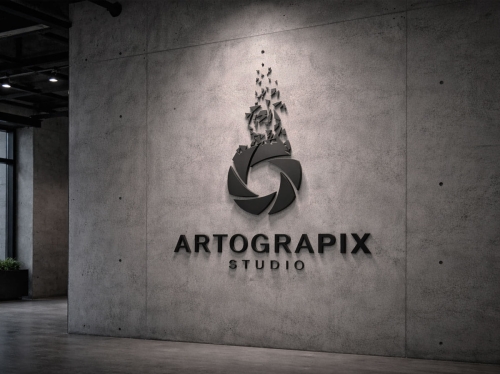 Artograpix Studio arculattervezés és logó tervezés bemutatása 3D logó megjelenítéssel modern betonfal környezetben.