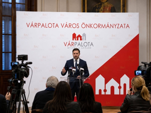 Várpalota önkormányzati sajtófal arculattervezés és logóhasználat sajtótájékoztatón