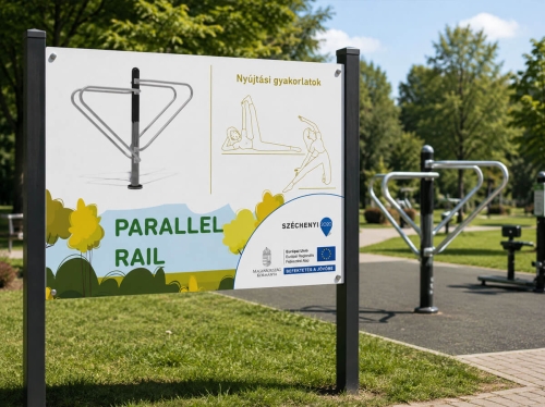 Várpalota szabadtéri fitness park projekttábla grafikai tervezés és arculati megjelenés