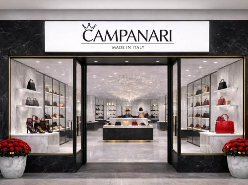 Campanari prémium cipőüzlet elegáns kirakata és üzletportál belső térrel