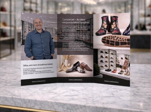 Campanari márkabemutató magazin kiadvány prémium cipőkkel és üzlettérrel