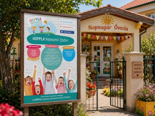 Hoppla Fejlesztőközpont kültéri tábla arculattervezés