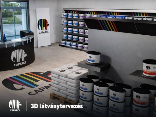 arculattervezés és grafikai tervezés 3D bolt kialakításhoz, festékes polcrendszer és arculati elemek
