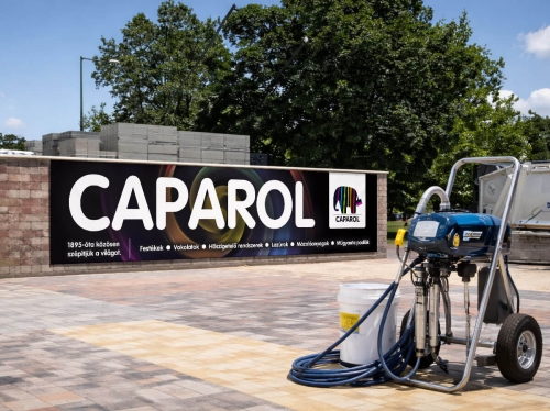arculattervezés és grafikai tervezés kültéri reklámhoz, Caparol molinó és ipari festékszóró gép megjelenítése