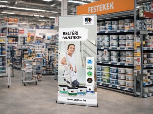arculattervezés és grafikai tervezés beltéri reklámhoz, üres roll up banner festékbolt környezetben