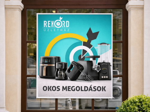 Rekord Üzletház kirakatplakát és márkaarculat grafikai tervezés