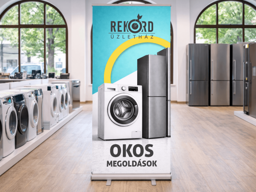Rekord Üzletház arculati rollup és reklámgrafika belső térben