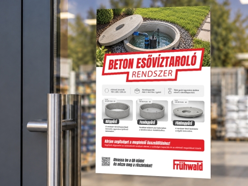 Frühwald beton esővíztároló rendszer reklámplakátjának grafikai tervezése, kiadványtervezés és nyomdai arculati megjelenés.