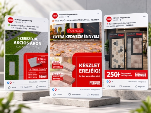 Frühwald Magyarország Facebook kampányainak referenciamockupja három akciós közösségi média poszttal megjelenítve