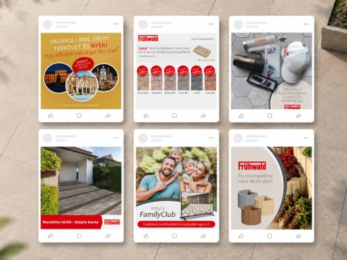 Frühwald Facebook posztok kártyás mockup formában, közösségi média grafikai tervezés