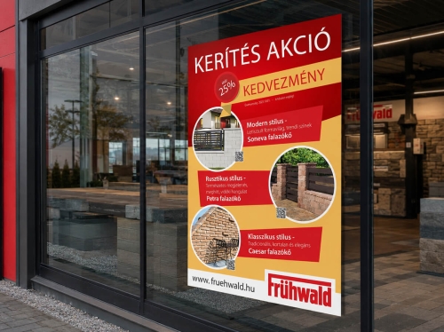 Frühwald kerítés akció A1 plakát építőanyag kereskedés kirakatában