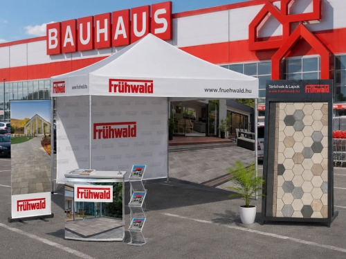 Frühwald kiállítási stand építőipari áruház parkolójában, térkő bemutató promóciós látványterv