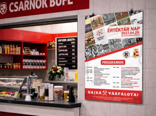Arculattervezés és logótervezés sportegyesület részére – plakát megjelenés magyar sportcsarnok közösségi térben