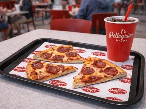 pizzéria logó csomagolás és tálca branding felületen