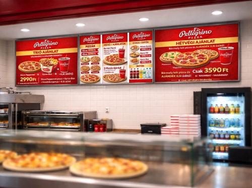 pizzéria arculat menütábla grafikai megjelenéssel
