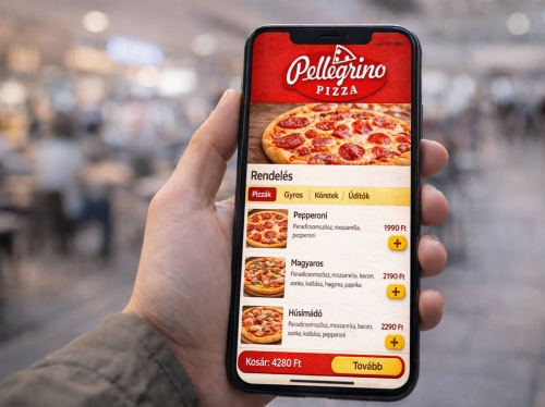 pizzéria logó mobil rendelési alkalmazás felületen