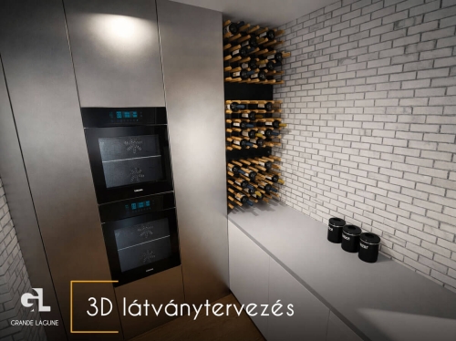 Grande Lagune lakópark modern konyha és bortartó fal 3D látványterv