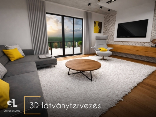 Grande Lagune lakópark modern nappali 3D látványterv prémium lakópark belső tér