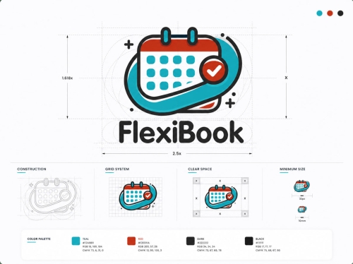 FlexiBook logó konstrukciós bemutatása szerkesztővonalakkal és arculati elemekkel