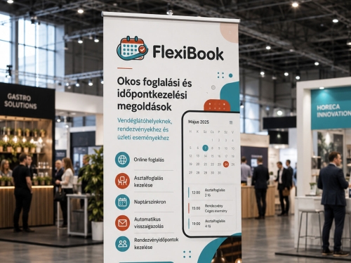 FlexiBook logótervezés és arculati megjelenés kiállítási roll-up mockupon