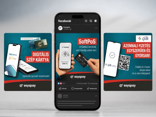 Esyspay Facebook poszt mockup SoftPOS, digitális SZÉP kártya és qvik fizetési hirdetésekkel