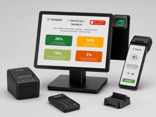 Esyspay POS terminál borravaló választási funkcióval és fizetési kiegészítőkkel