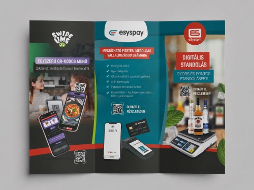 eSystem háromrészes nyomdai kiadvány grafikai tervezése vendéglátóipari szoftverek bemutatásához