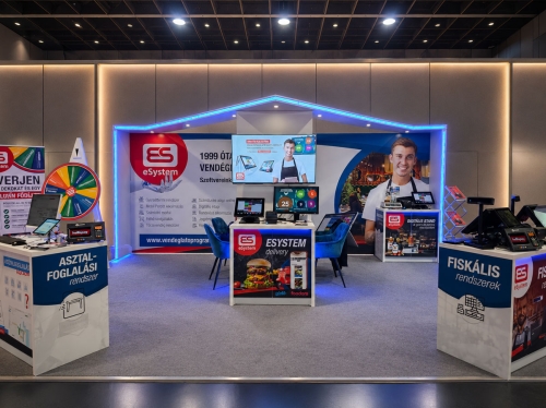 eSystem kiállítási stand arculati és grafikai tervezése professzionális márkamegjelenéssel