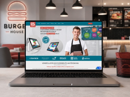 eSystem weboldal bemutatása laptopon modern vendéglátóhelyi környezetben, arculattervezési referenciaként