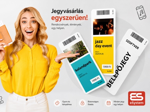 Jegyvásárlási kampánygrafika eSystem logóval, arculati elemekkel és modern reklámgrafikai megoldással