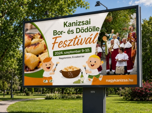 Kanizsai Bor- és Dödölle Fesztivál óriásplakát grafikai tervezés kültéri mockupon