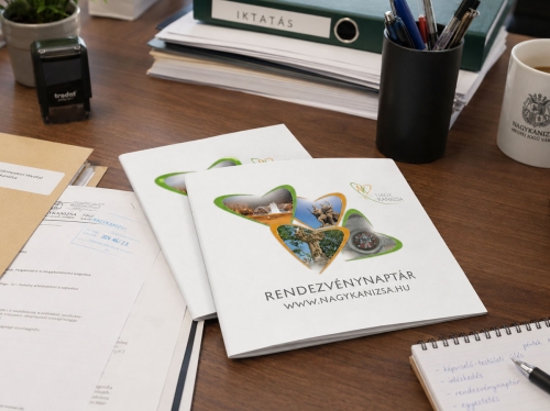 Nagykanizsa rendezvénynaptár kiadvány grafikai tervezés irodai mockupon